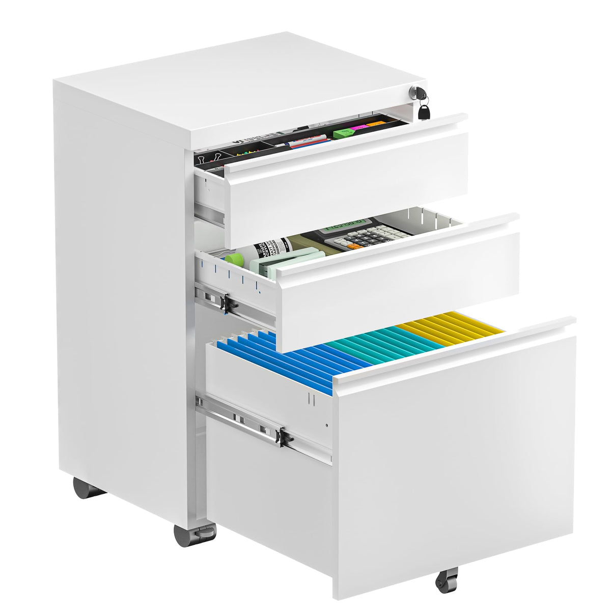 Fully Assembled 3 Drawer White Metal Rolling File Cabinet with Lock G5360
