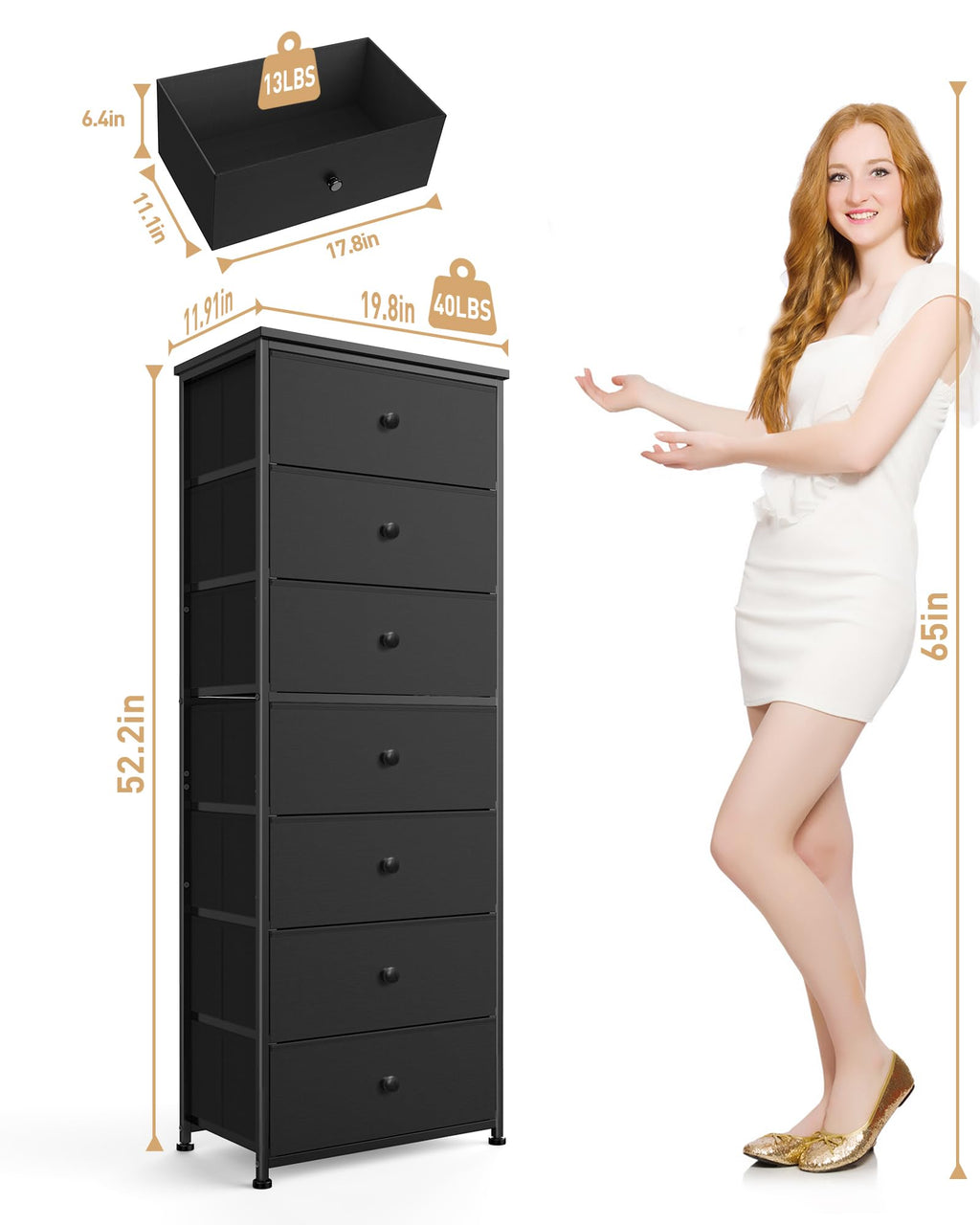 Tall Fabric 7 Drawer Dresser with Steel Frame Wood Top V20554