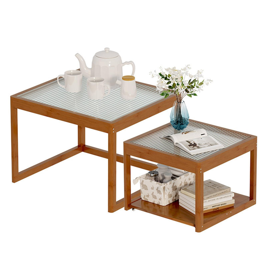 Set of 2 Square Glass Coffee Table with Bamboo Frame V54328