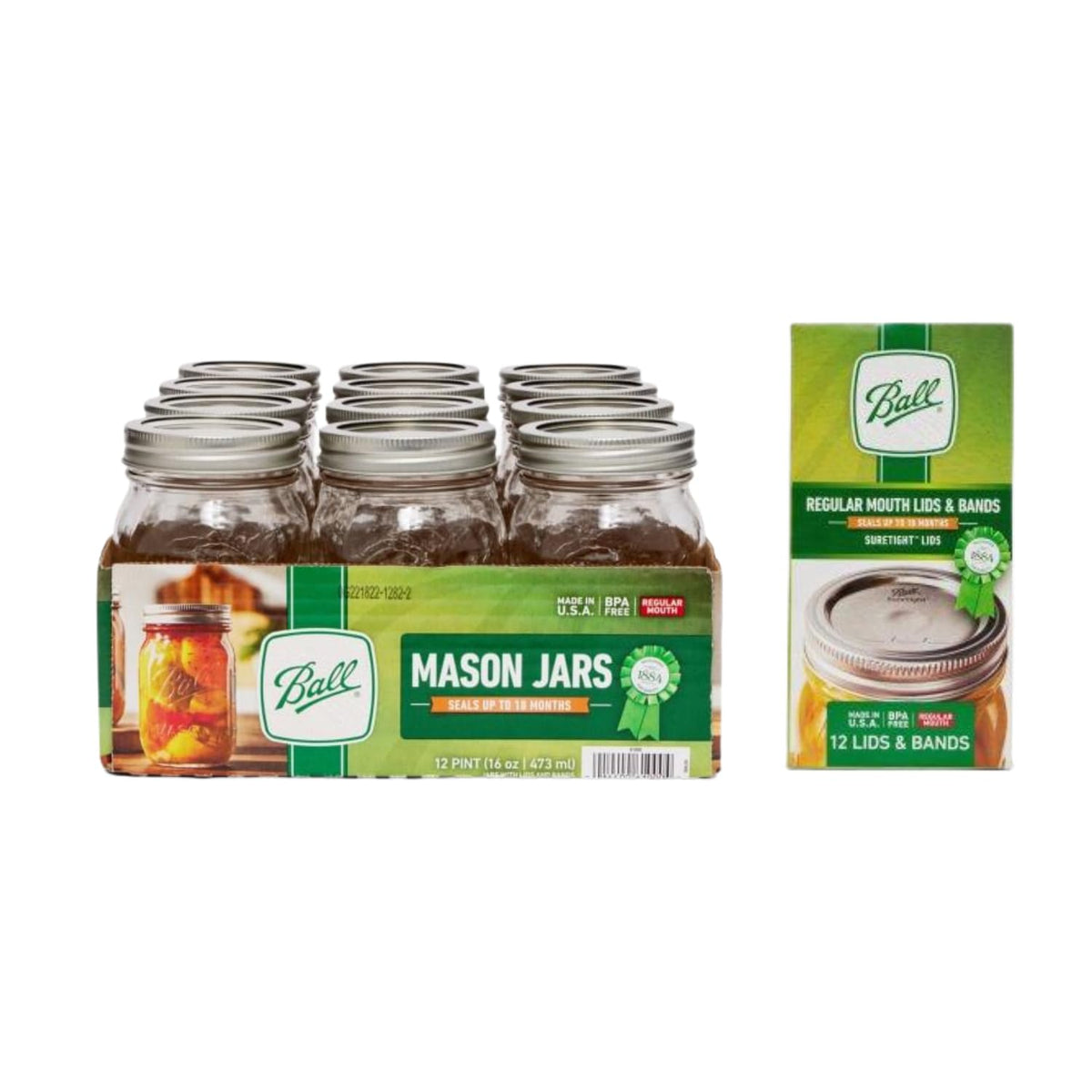 Regular Mouth Glass Mason Jars with Lids and Bands, 12 Pint Size 16 Ounce B600071