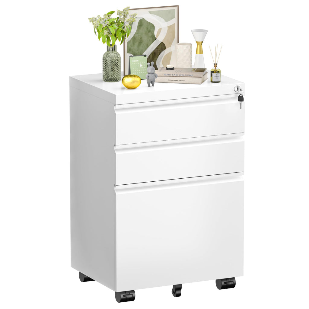 Fully Assembled 3 Drawer White Metal Rolling File Cabinet with Lock G5360