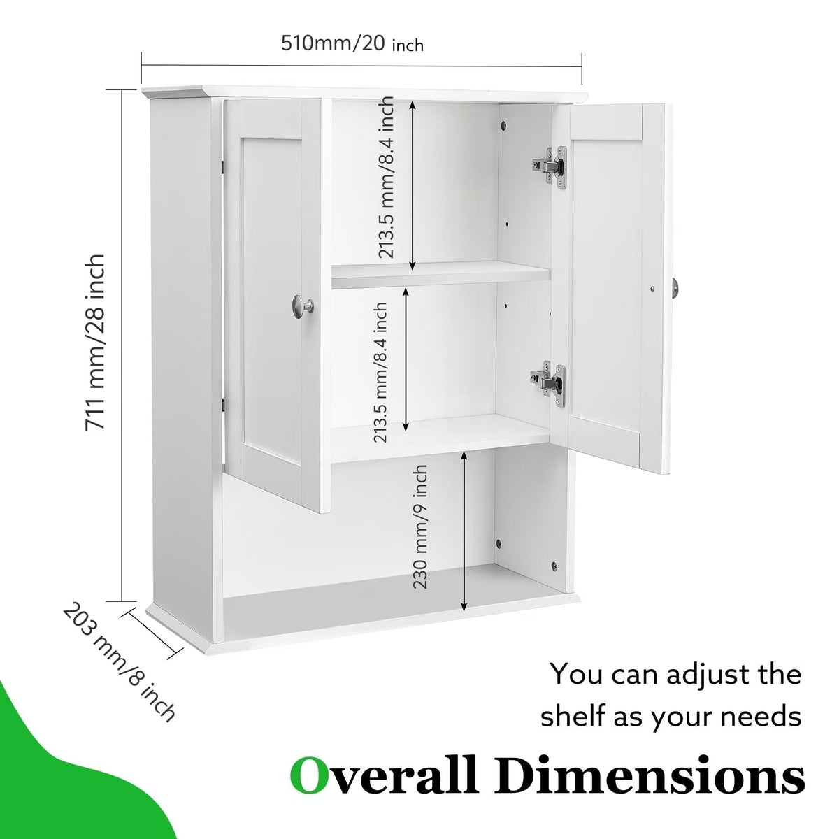 White 20x28 Inch Wall Mounted Bathroom Cabinet with Adjustable Shelf Z31068
