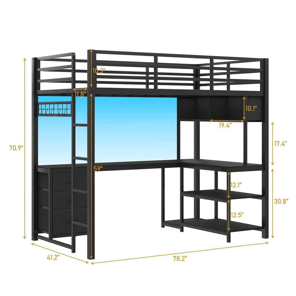 Twin Loft Bed with L-Shaped Desk and LED Lights W1217