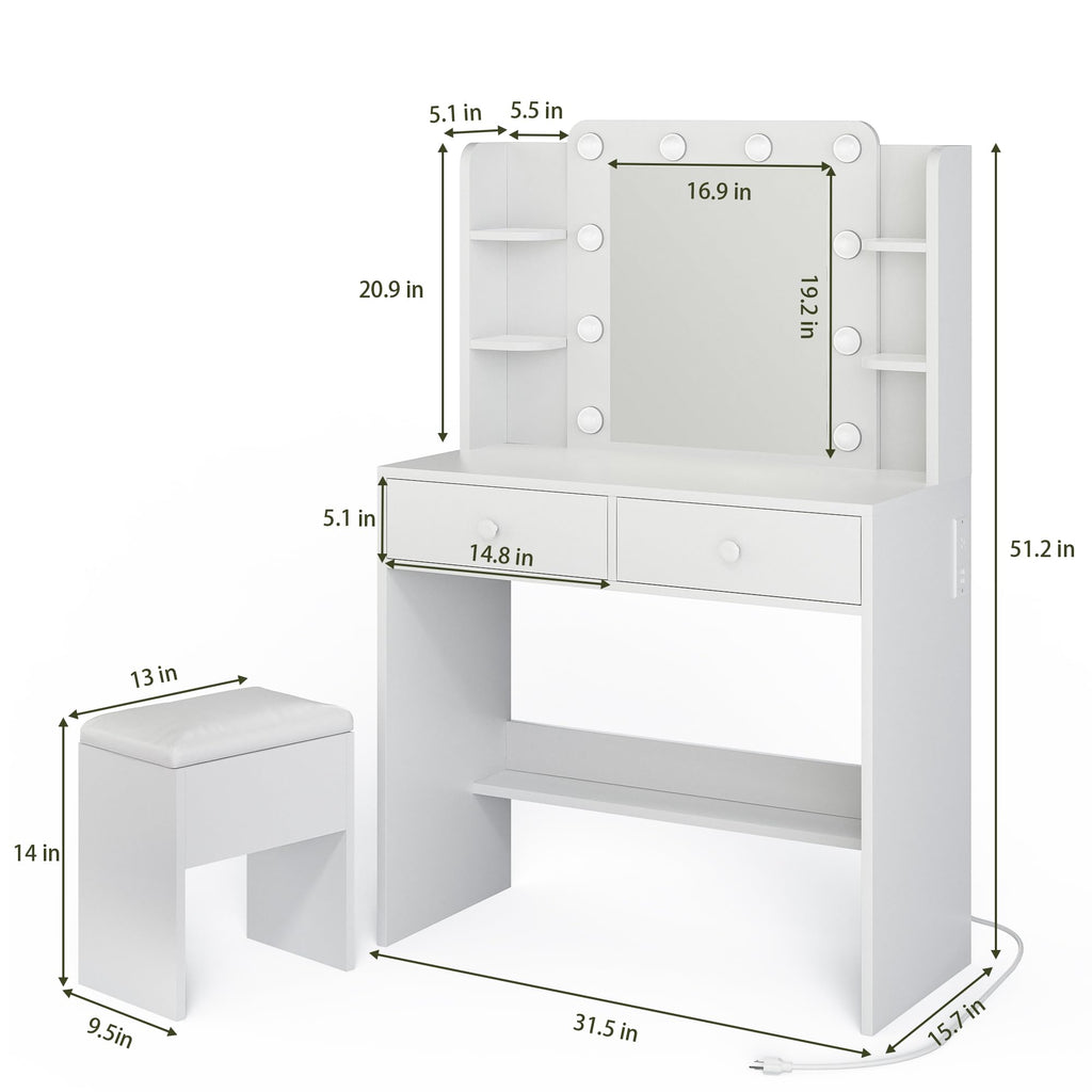 White Vanity Desk with Lighted Mirror and Chair K972