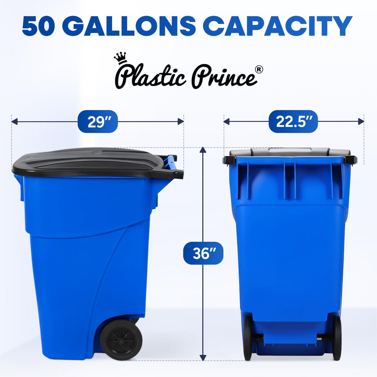 50 Gallon Blue Plastic Trash Can with Lid and Wheels B165