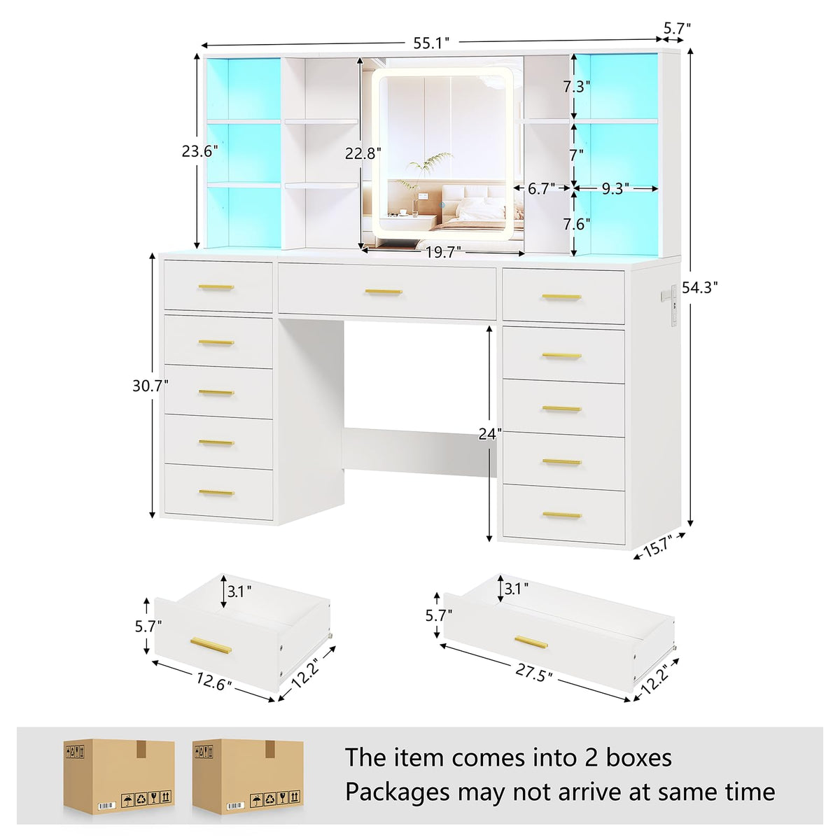 55" Extra-Wide White Makeup Vanity Desk with Lighted Mirror & 11 Drawers B181