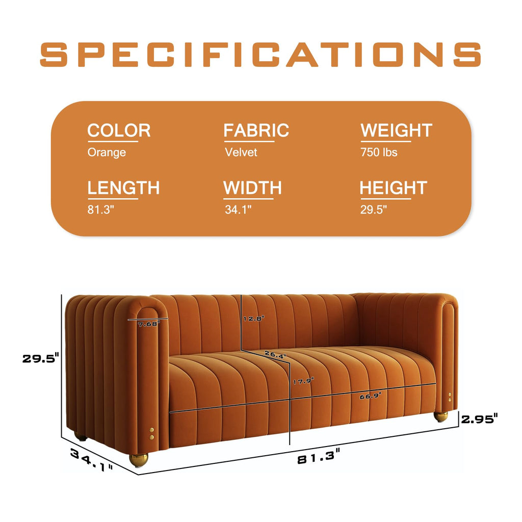 81" Orange Velvet Tufted Sofa 3 Seater with Metal Legs M139