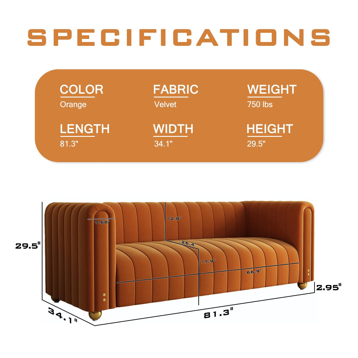 81" Orange Velvet Tufted Sofa 3 Seater with Metal Legs M139