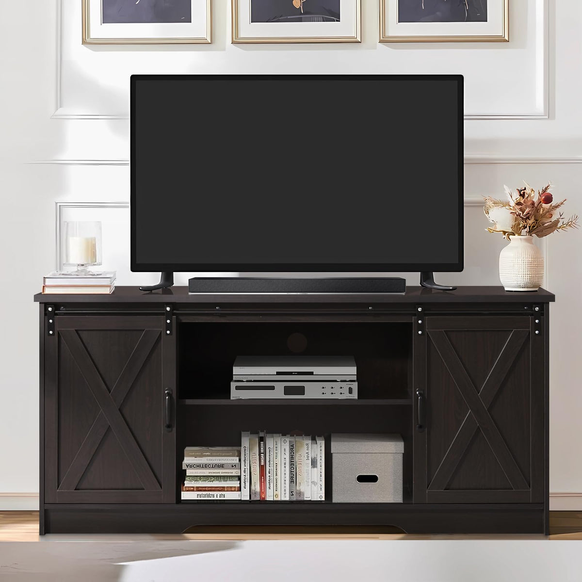 65 Inch TV Stand with Sliding Barn Doors G7382