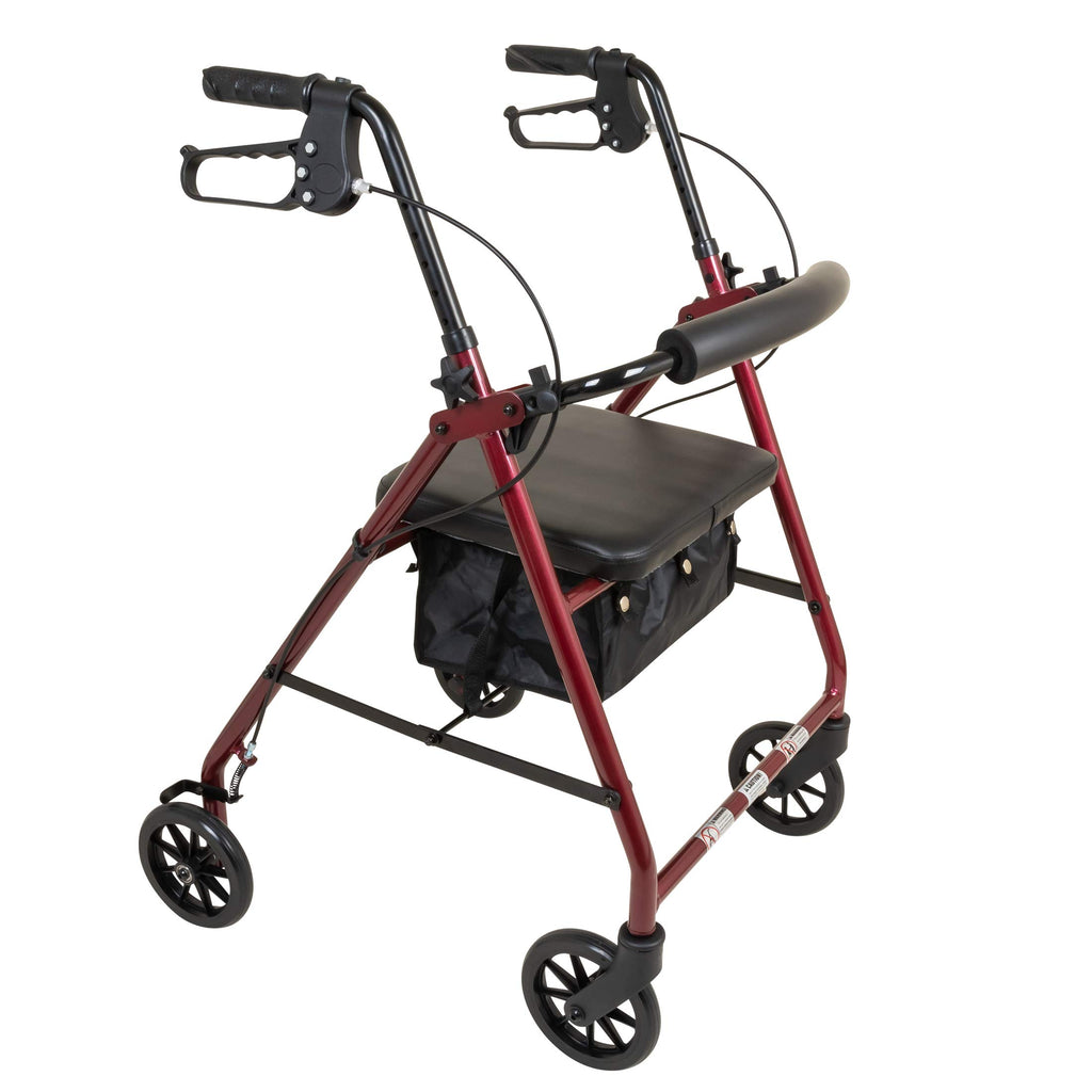 Aluminum Rollator Walker with Seat, 6-inch Wheels, Foldable, Burgundy L3625