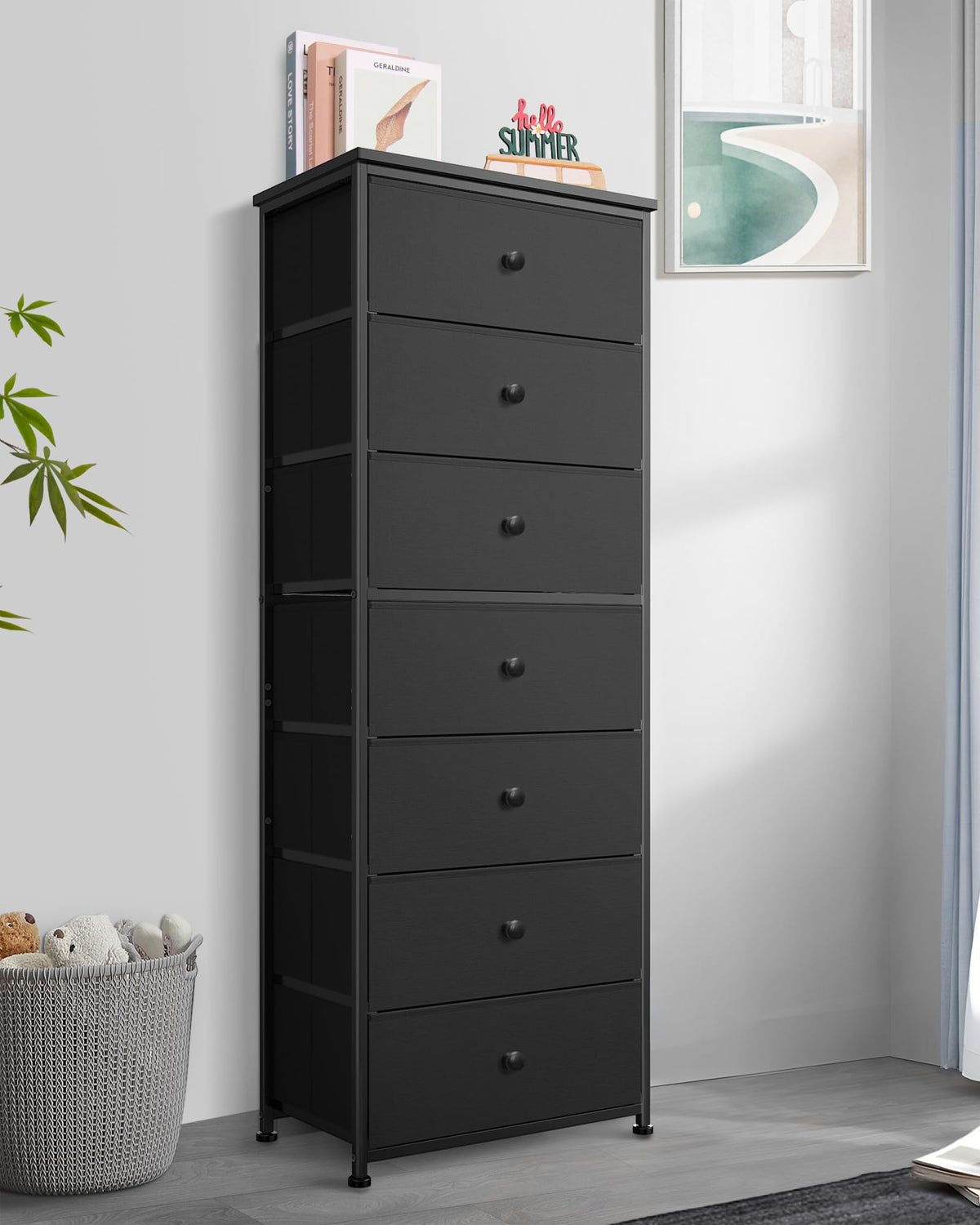 Tall Fabric 7 Drawer Dresser with Steel Frame Wood Top V20554
