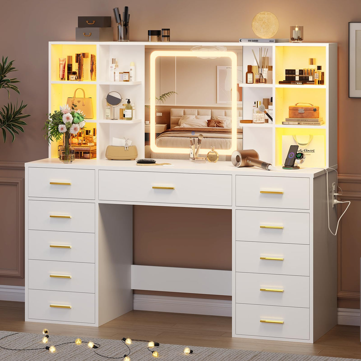 55" Extra-Wide White Makeup Vanity Desk with Lighted Mirror & 11 Drawers B181