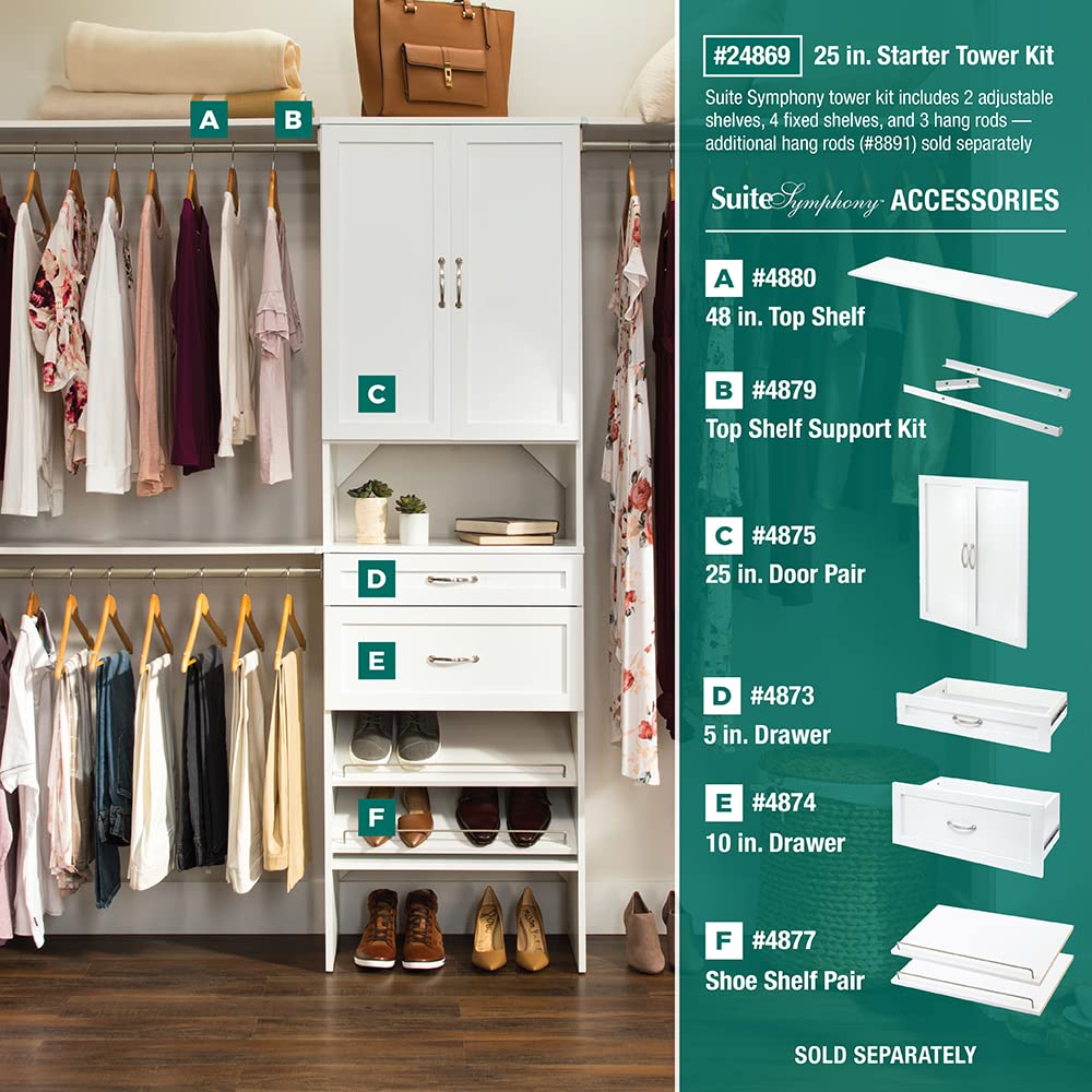 Wood Closet Organizer System with Tower and 3 Hang Rods and Shelving K6370