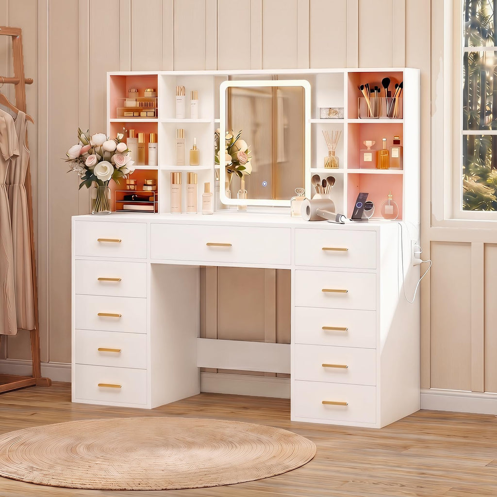 55" Extra-Wide White Makeup Vanity Desk with Lighted Mirror & 11 Drawers B181