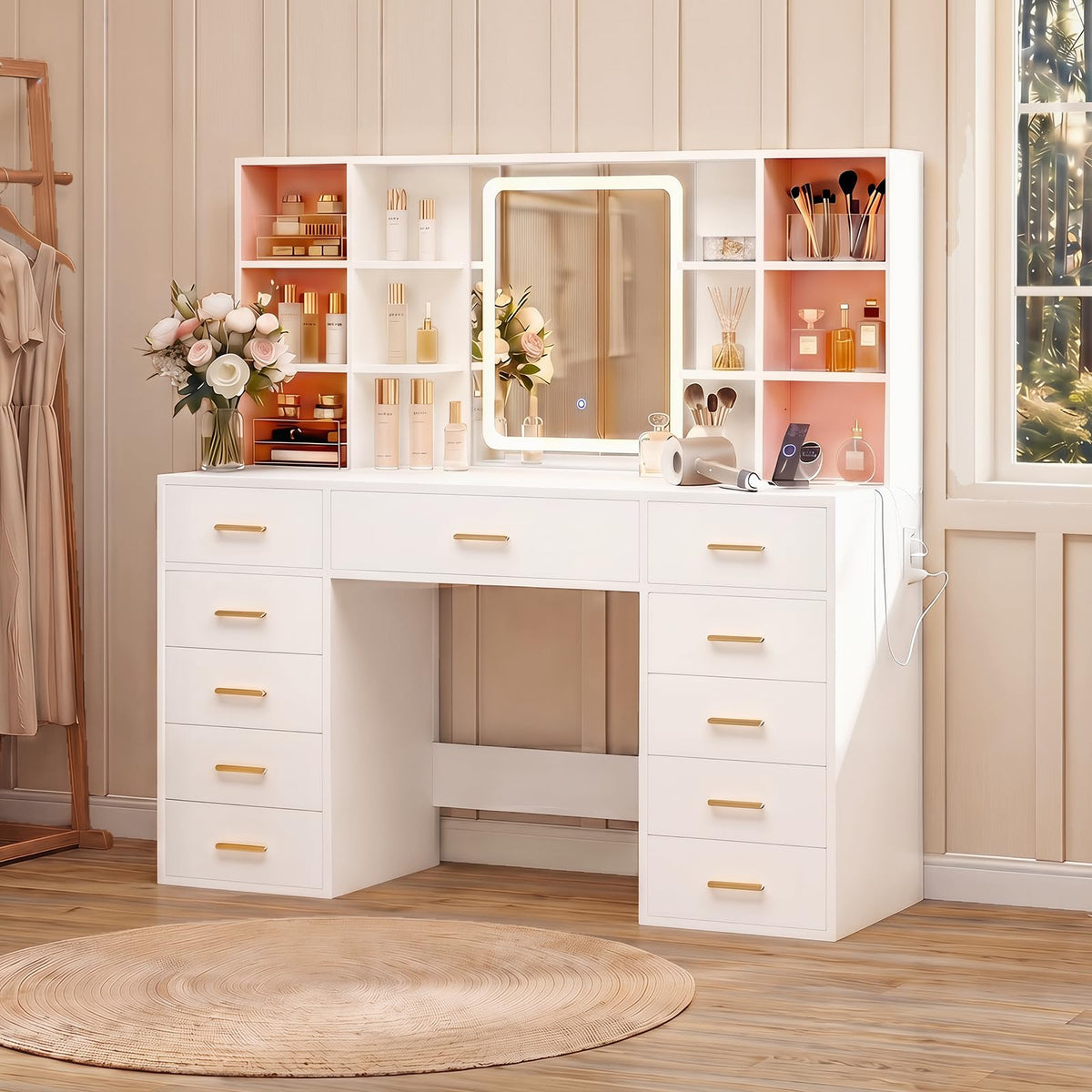 55" Extra-Wide White Makeup Vanity Desk with Lighted Mirror & 11 Drawers B181