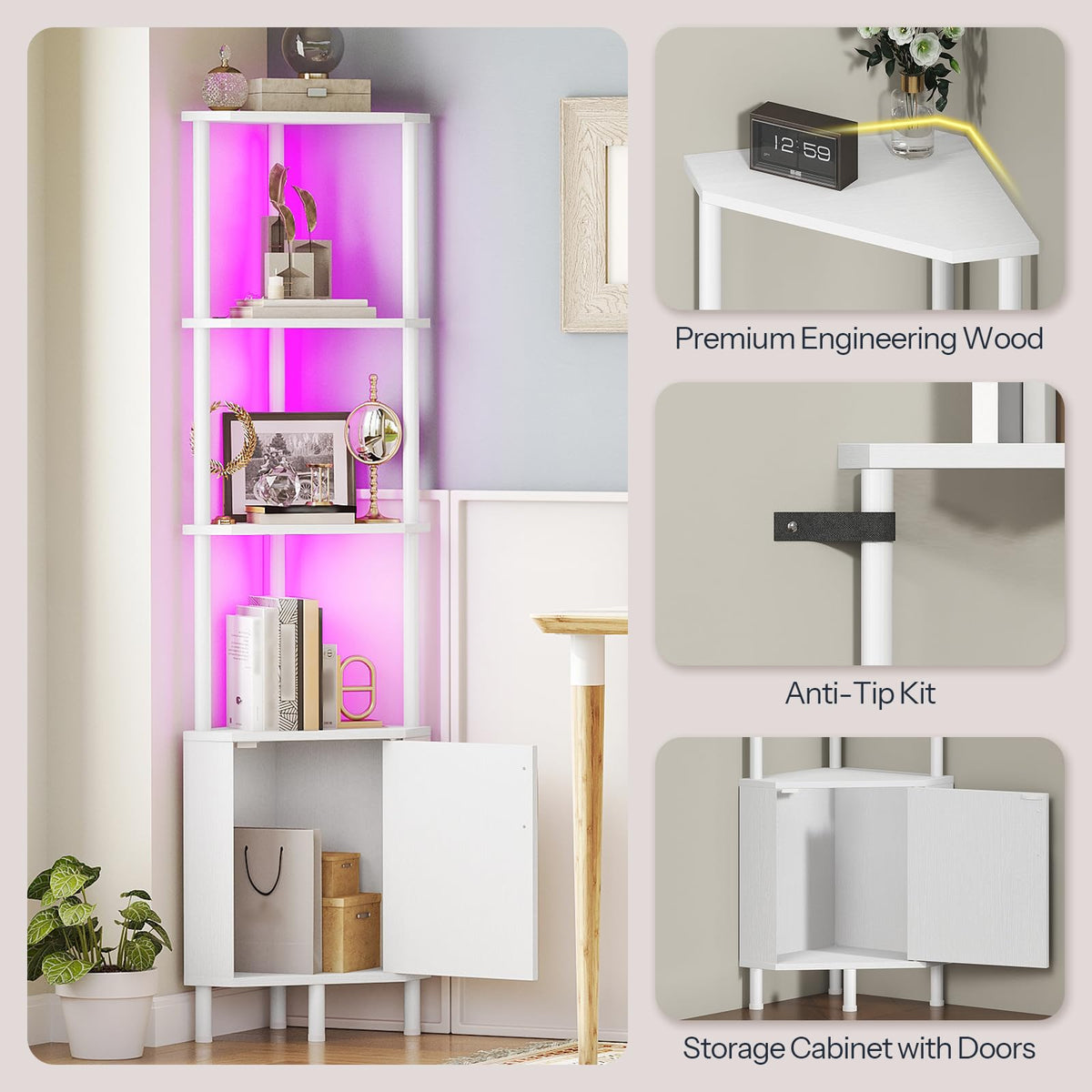 White 5-Tier Corner Cabinet with Doors F118