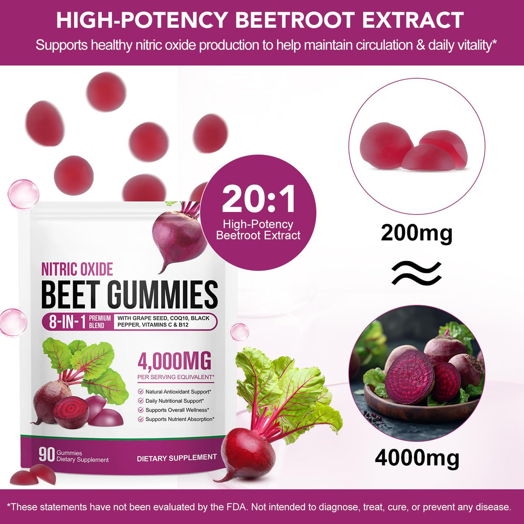 Beetroot Gummies 90 Gummies Beetroot Extract Supplement with COQ10 Vitamin C B12 Grape Seed Extract Y64906