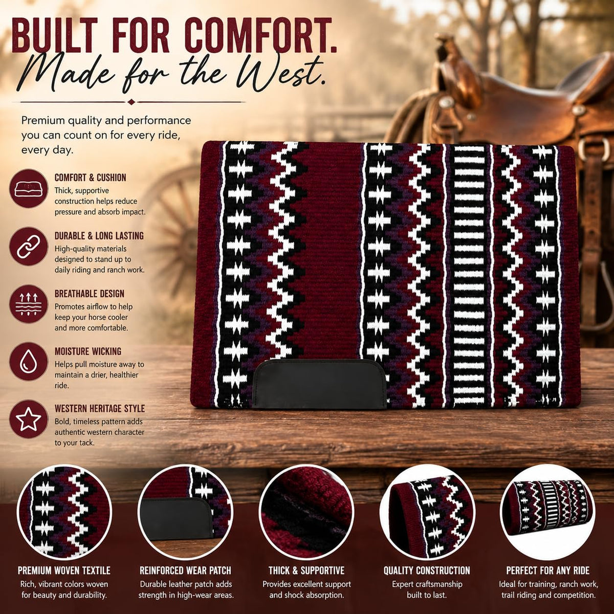 Burgundy Black White Tribal Horse Saddle Pad K81509