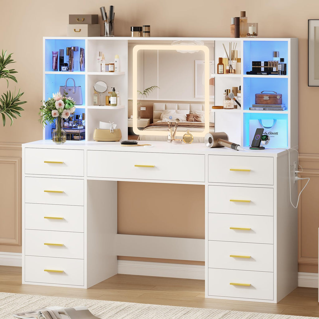 55" Extra-Wide White Makeup Vanity Desk with Lighted Mirror & 11 Drawers B181