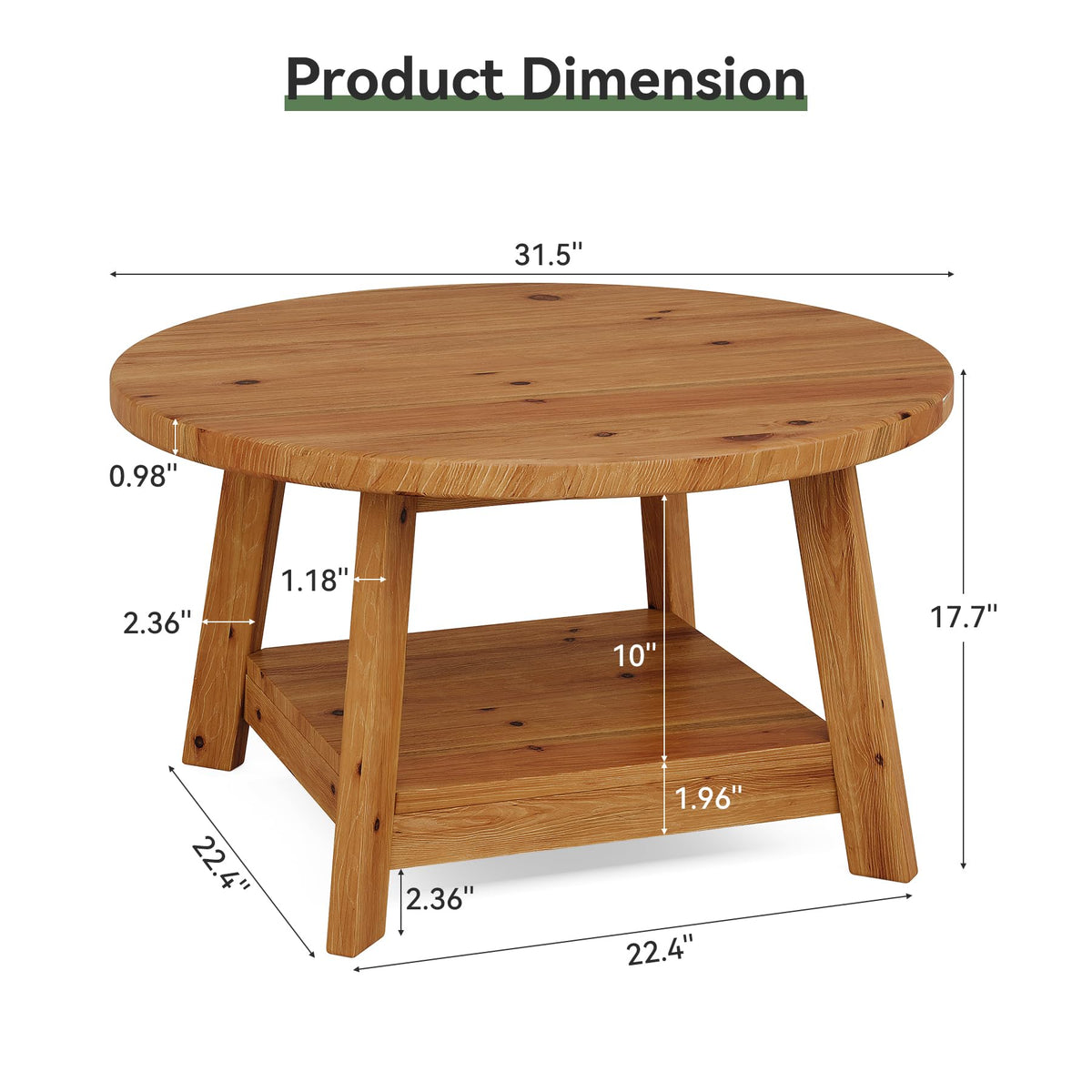 Solid Wood Round 2-Tier Coffee Table with Storage Shelf D1569