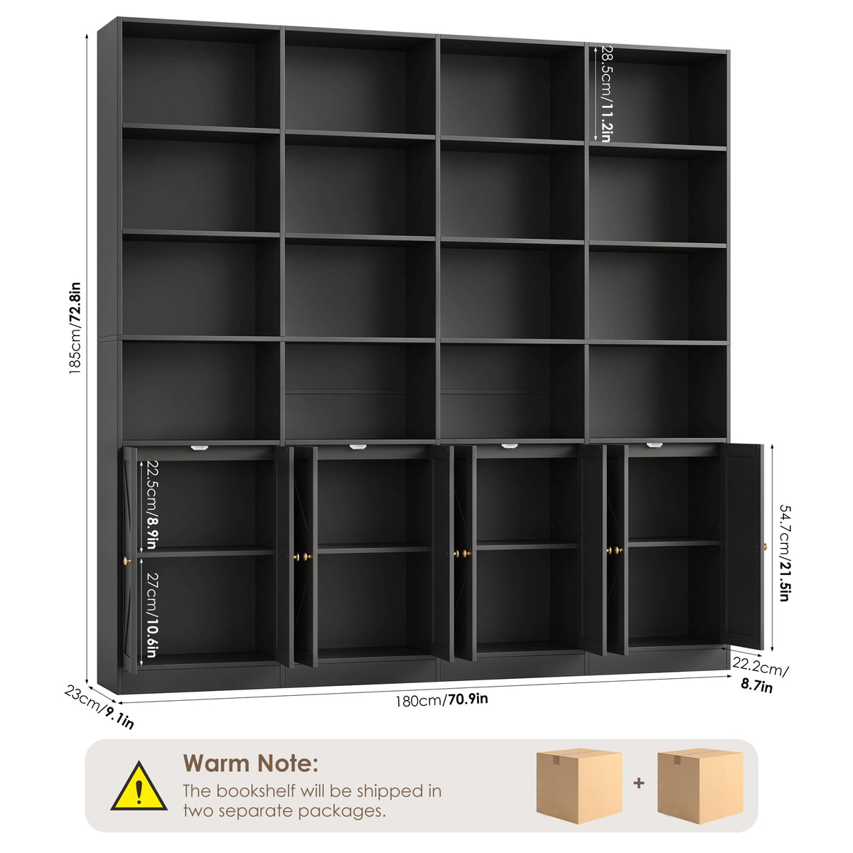72.8" Black Bookshelf with 8 Doors T501881