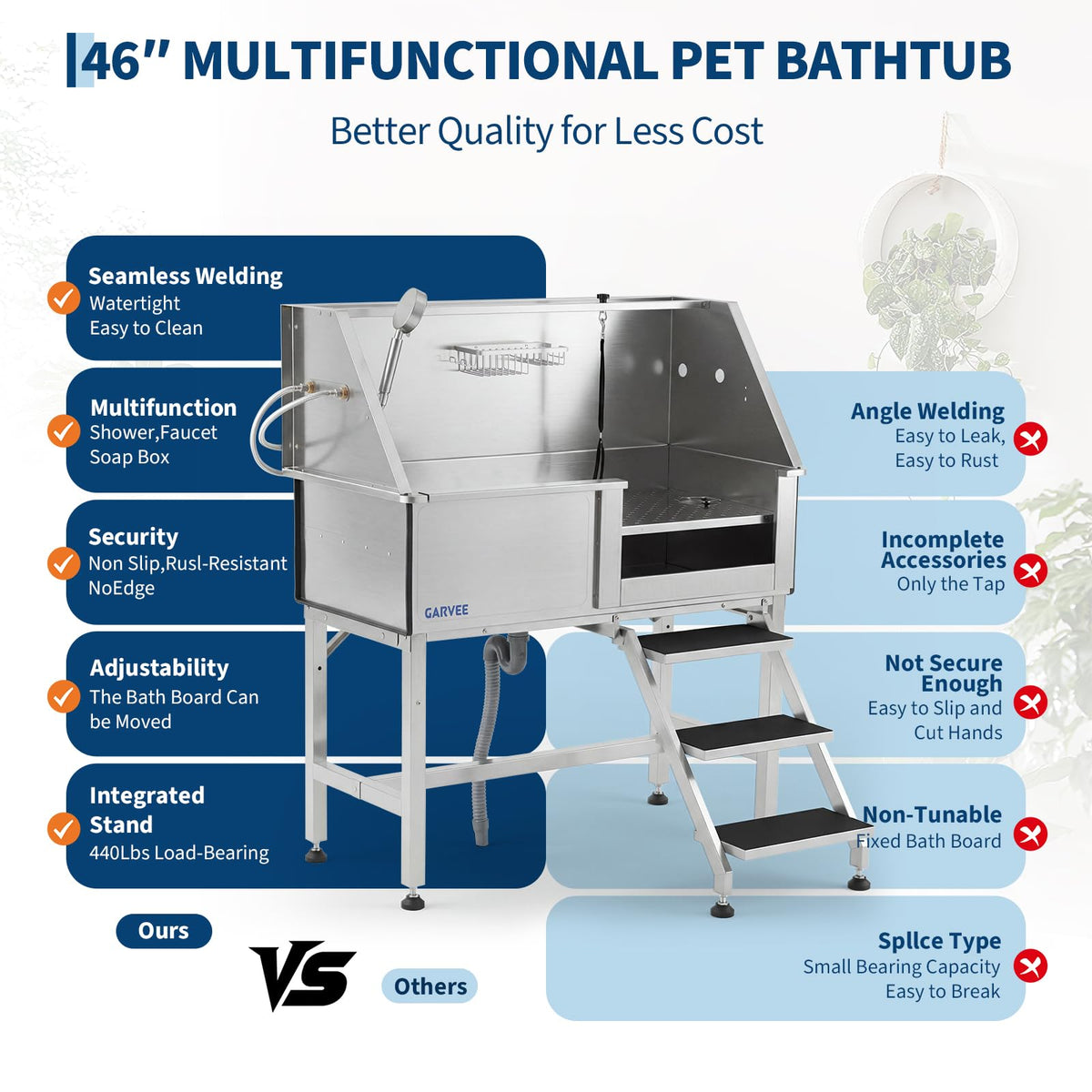 46 Inch Stainless Steel Dog Washing Station with Stair W62182