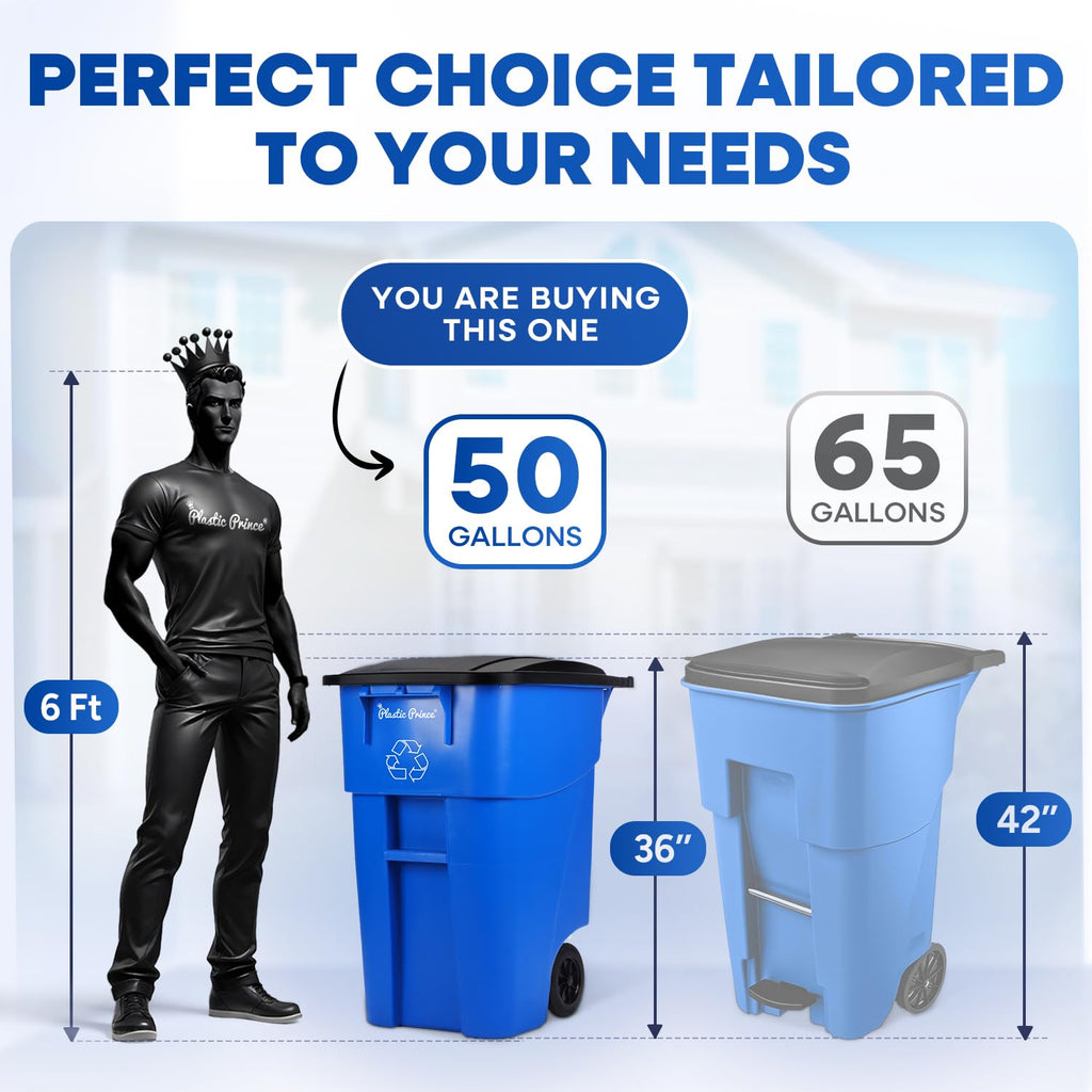 50 Gallon Blue Plastic Trash Can with Lid and Wheels B165