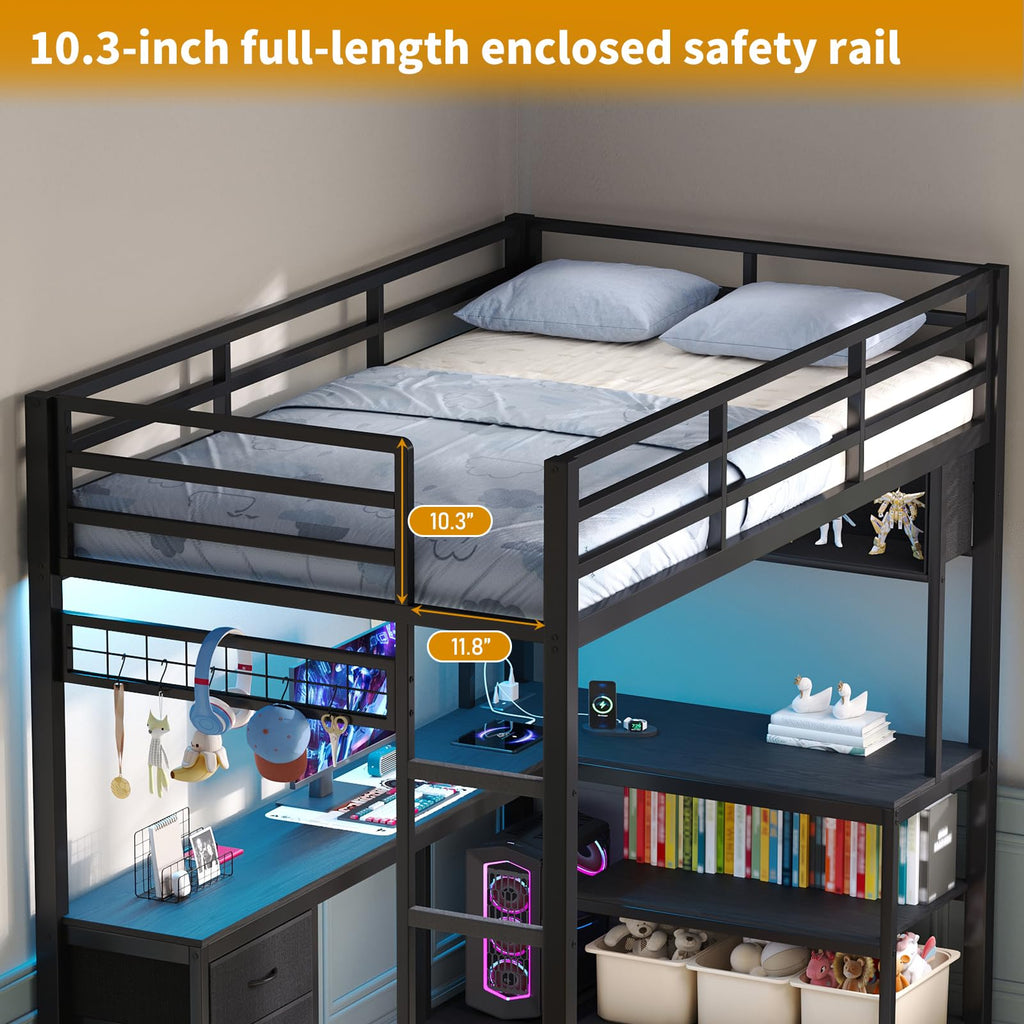 Twin Loft Bed with L-Shaped Desk and LED Lights W1217