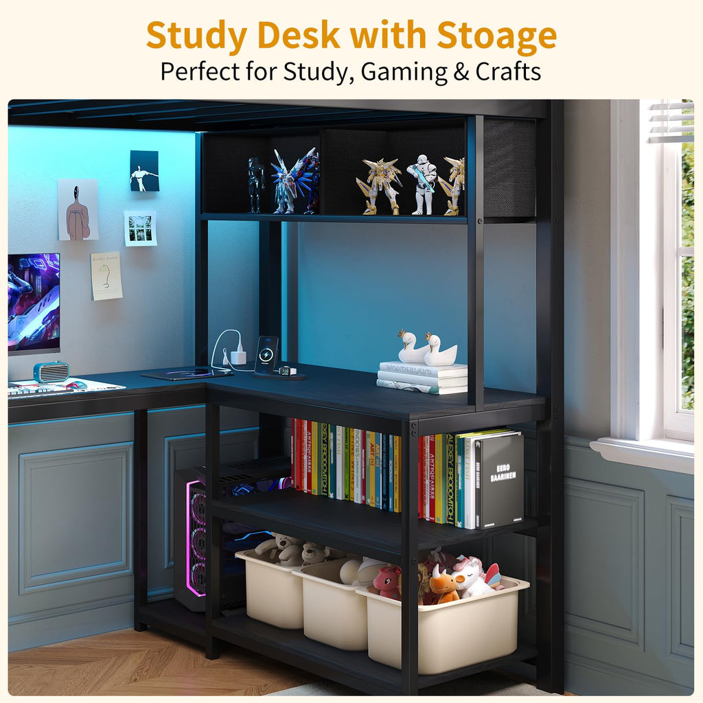 Twin Loft Bed with L-Shaped Desk and LED Lights W1217