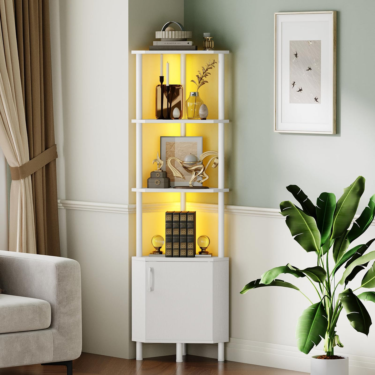 White 5-Tier Corner Cabinet with Doors F118