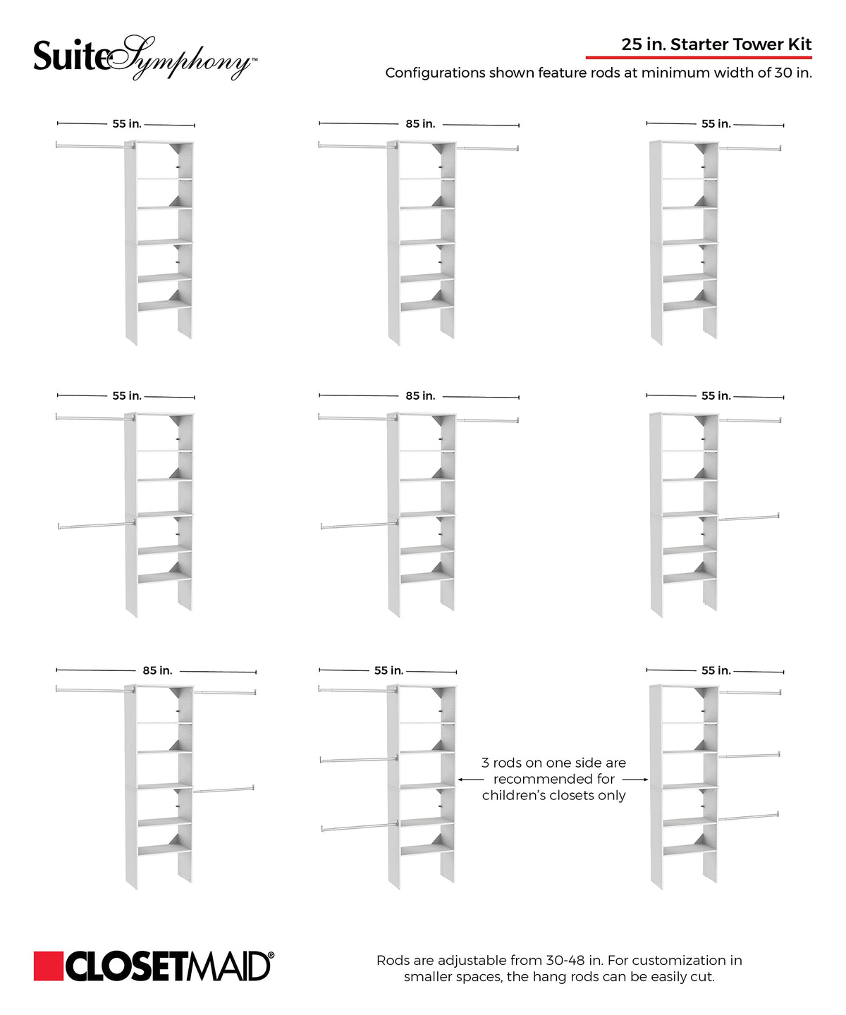 Wood Closet Organizer System with Tower and 3 Hang Rods and Shelving K6370