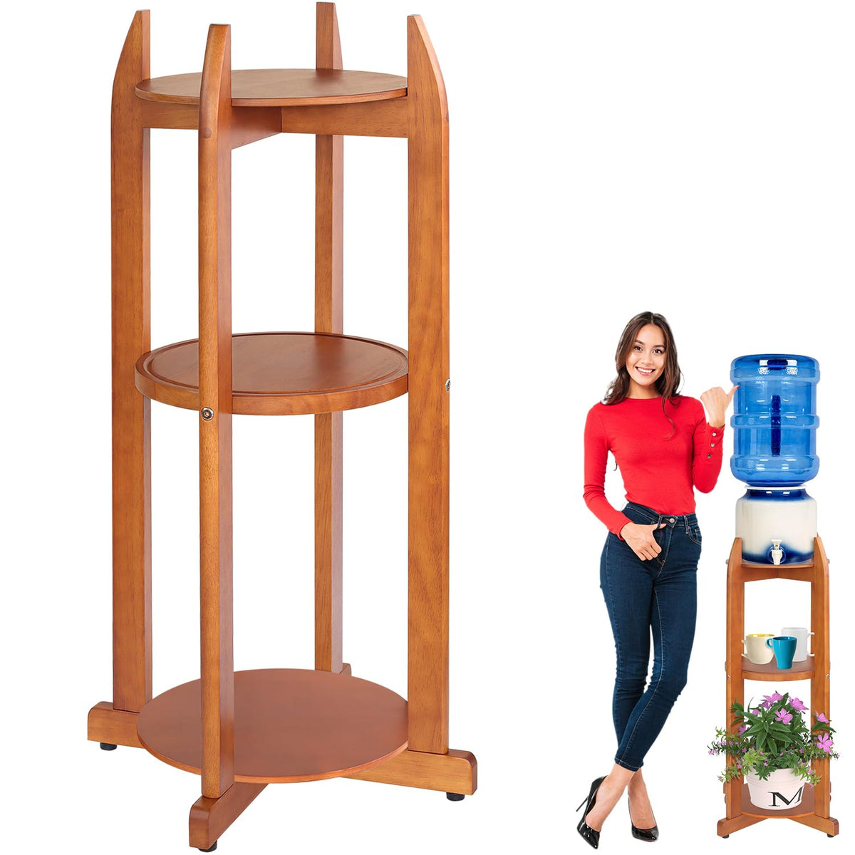 Solid Wood Water Dispenser Floor Stand with 3 Shelves A509891