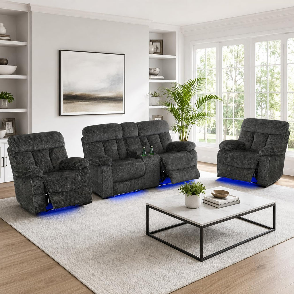 Gray Wool 3 Piece Power Reclining Sofa Set with USB Ports and LED Lights F704146