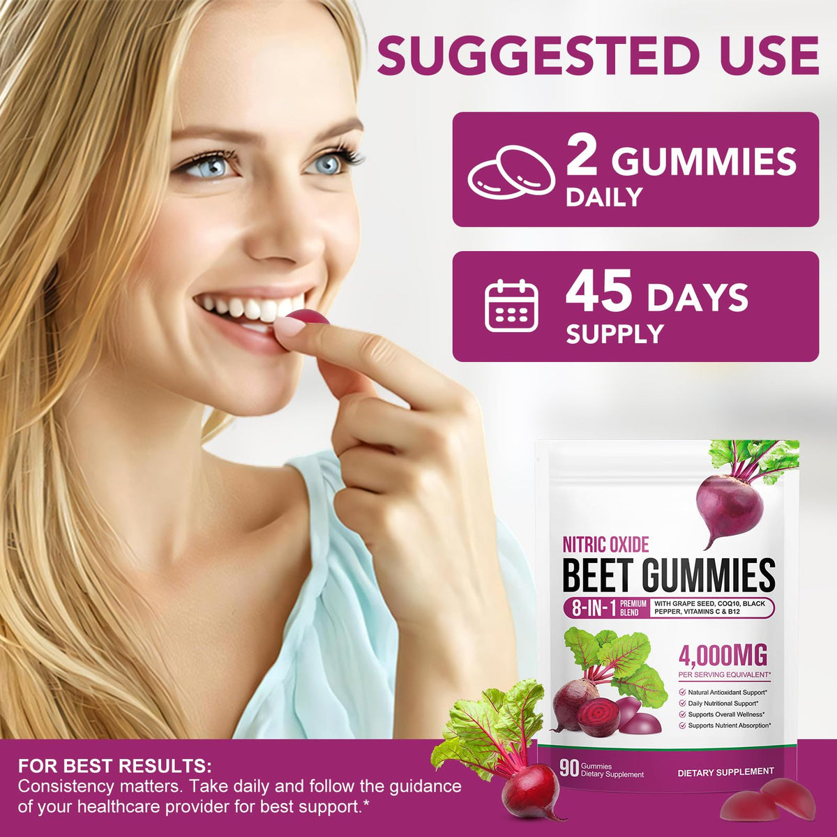Beetroot Gummies 90 Gummies Beetroot Extract Supplement with COQ10 Vitamin C B12 Grape Seed Extract Y64906