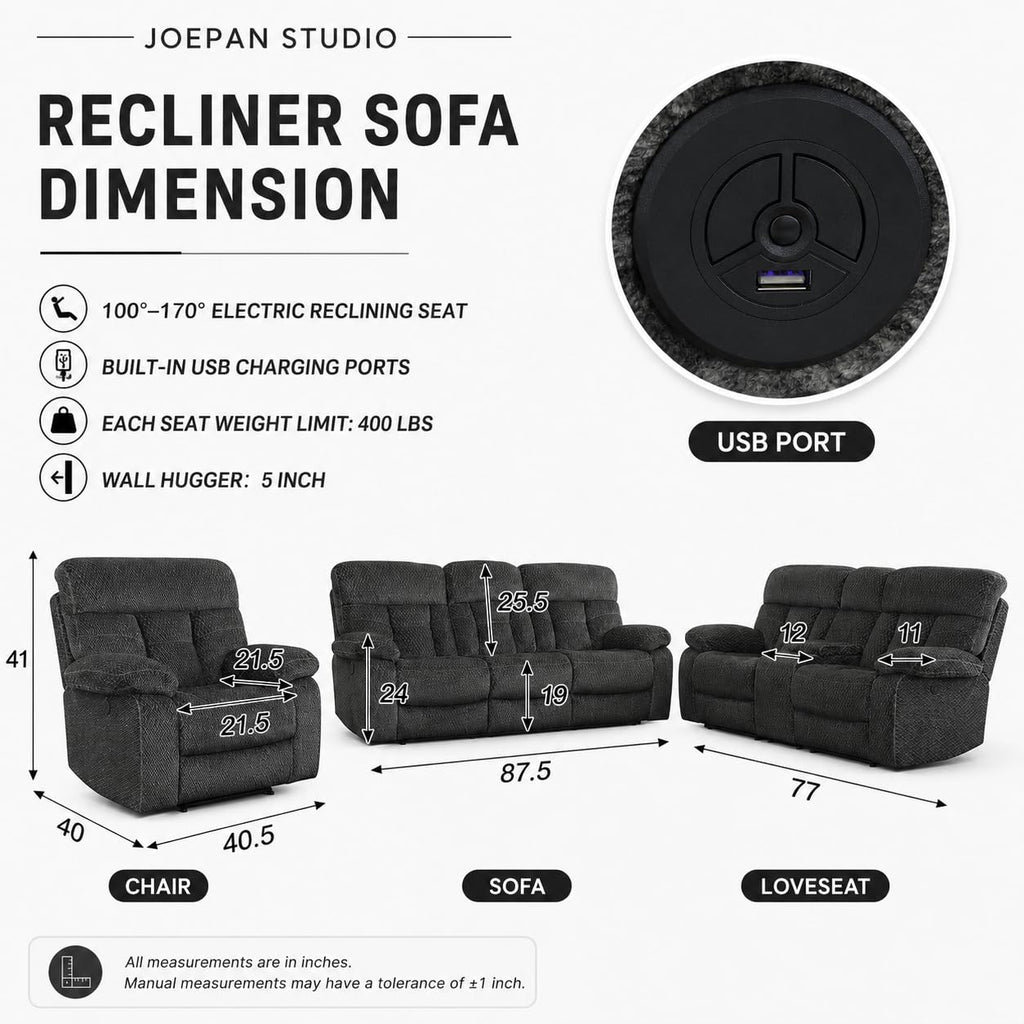 Gray Wool 3 Piece Power Reclining Sofa Set with USB Ports and LED Lights F704146
