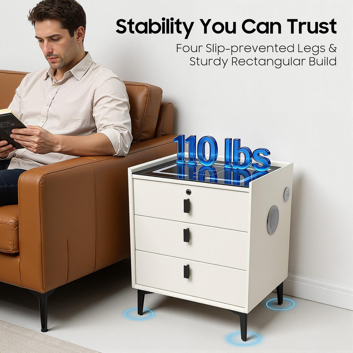 LED Nightstand with Charging Station and Drawers C34053
