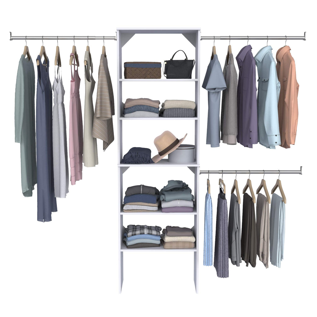 Wood Closet Organizer System with Tower and 3 Hang Rods and Shelving K6370