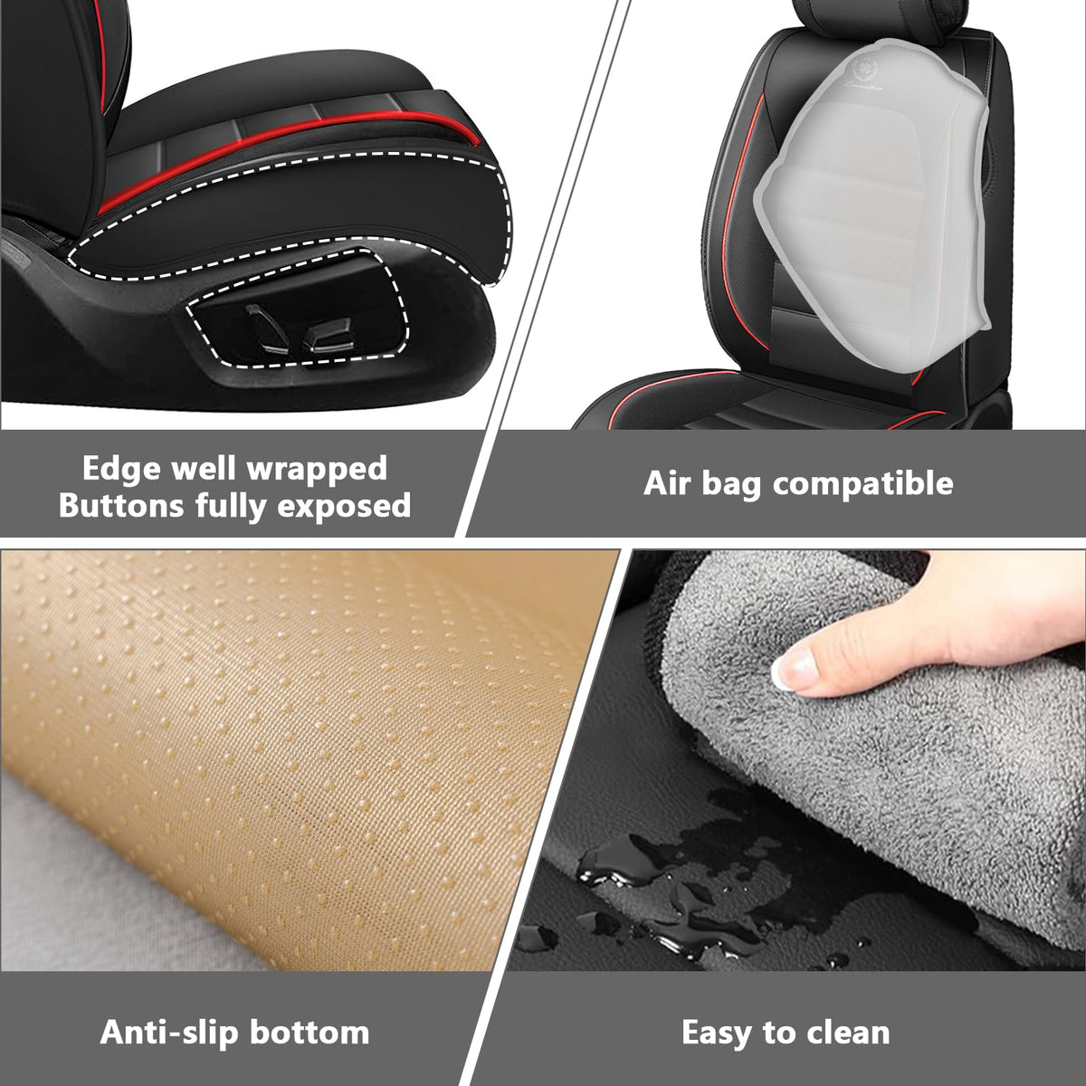 Waterproof Nappa Leather Car Seat Covers 5 Seats Black Red K198202