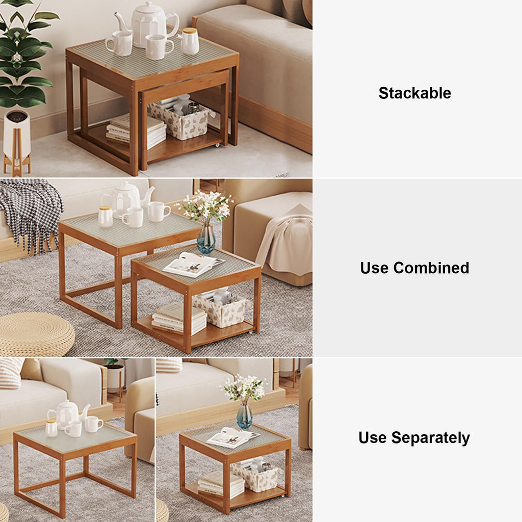 Set of 2 Square Glass Coffee Table with Bamboo Frame V54328
