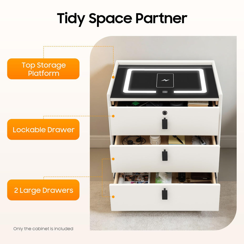 LED Nightstand with Charging Station and Drawers C34053