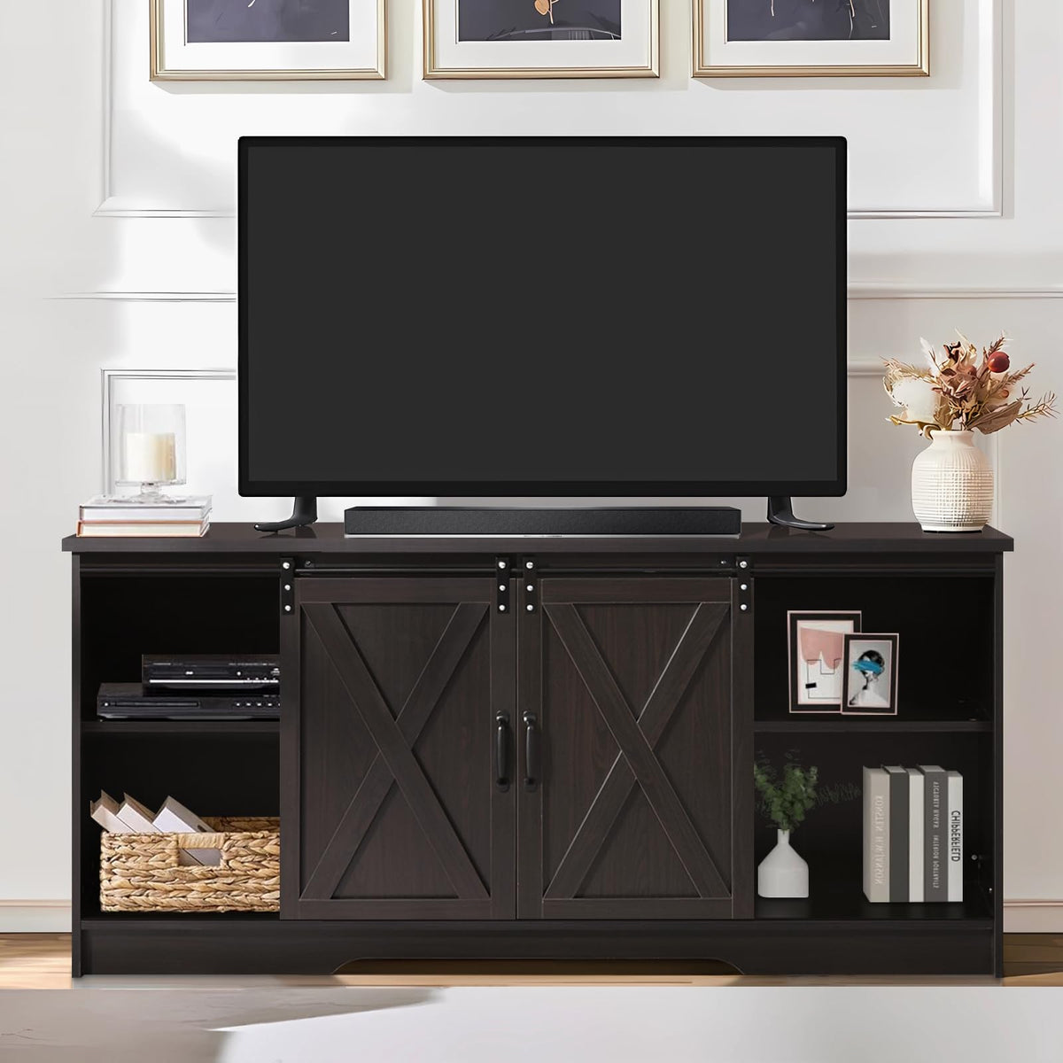 65 Inch TV Stand with Sliding Barn Doors G7382