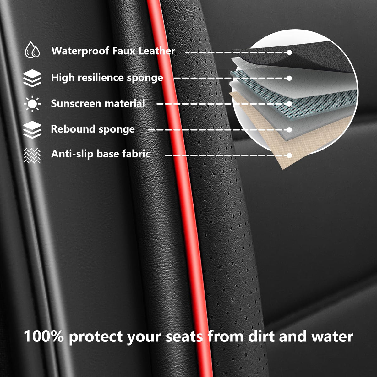 Waterproof Nappa Leather Car Seat Covers 5 Seats Black Red K198202
