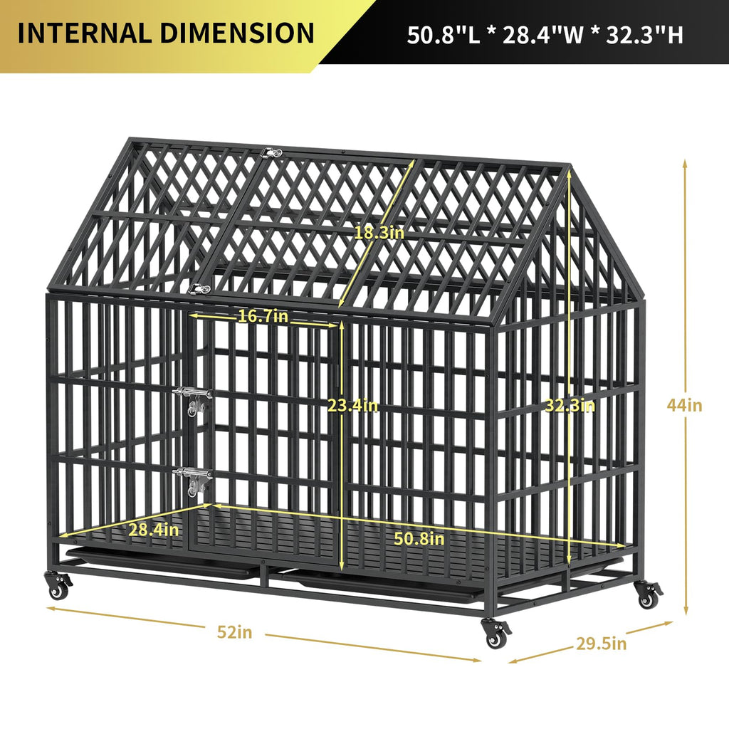 52 Inch Heavy Duty XXL Dog Crate with Open Roof Top, Trays and Wheels Q923119