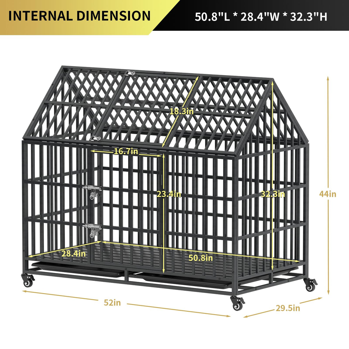 52 Inch Heavy Duty XXL Dog Crate with Open Roof Top, Trays and Wheels Q923119
