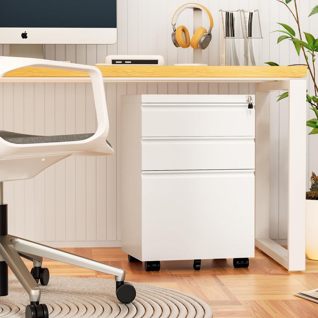 Fully Assembled 3 Drawer White Metal Rolling File Cabinet with Lock G5360