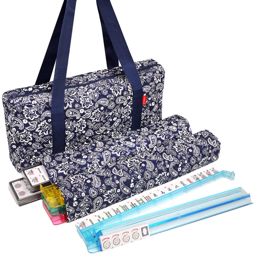 American Mahjong Set 166 White Tiles 4 All-in-One Rack/Pushers Blue Soft Bag Q591527
