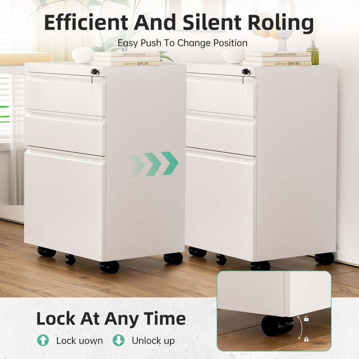 Fully Assembled 3 Drawer White Metal Rolling File Cabinet with Lock G5360