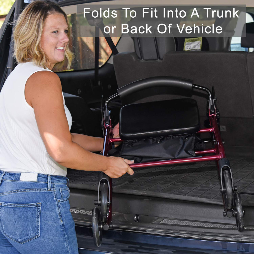Aluminum Rollator Walker with Seat, 6-inch Wheels, Foldable, Burgundy L3625