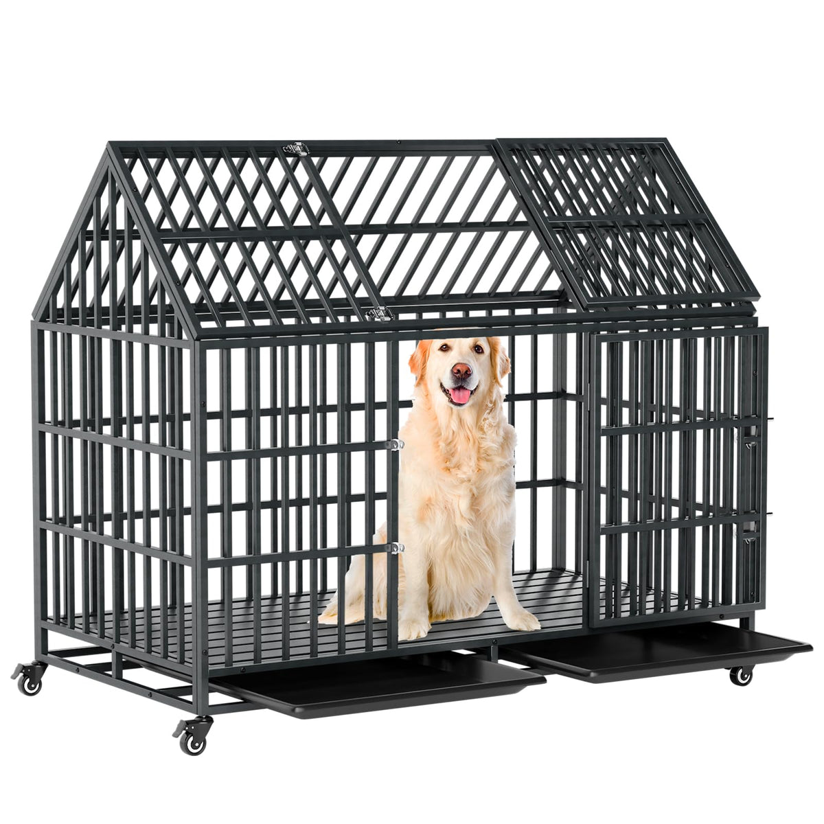52 Inch Heavy Duty XXL Dog Crate with Open Roof Top, Trays and Wheels Q923119