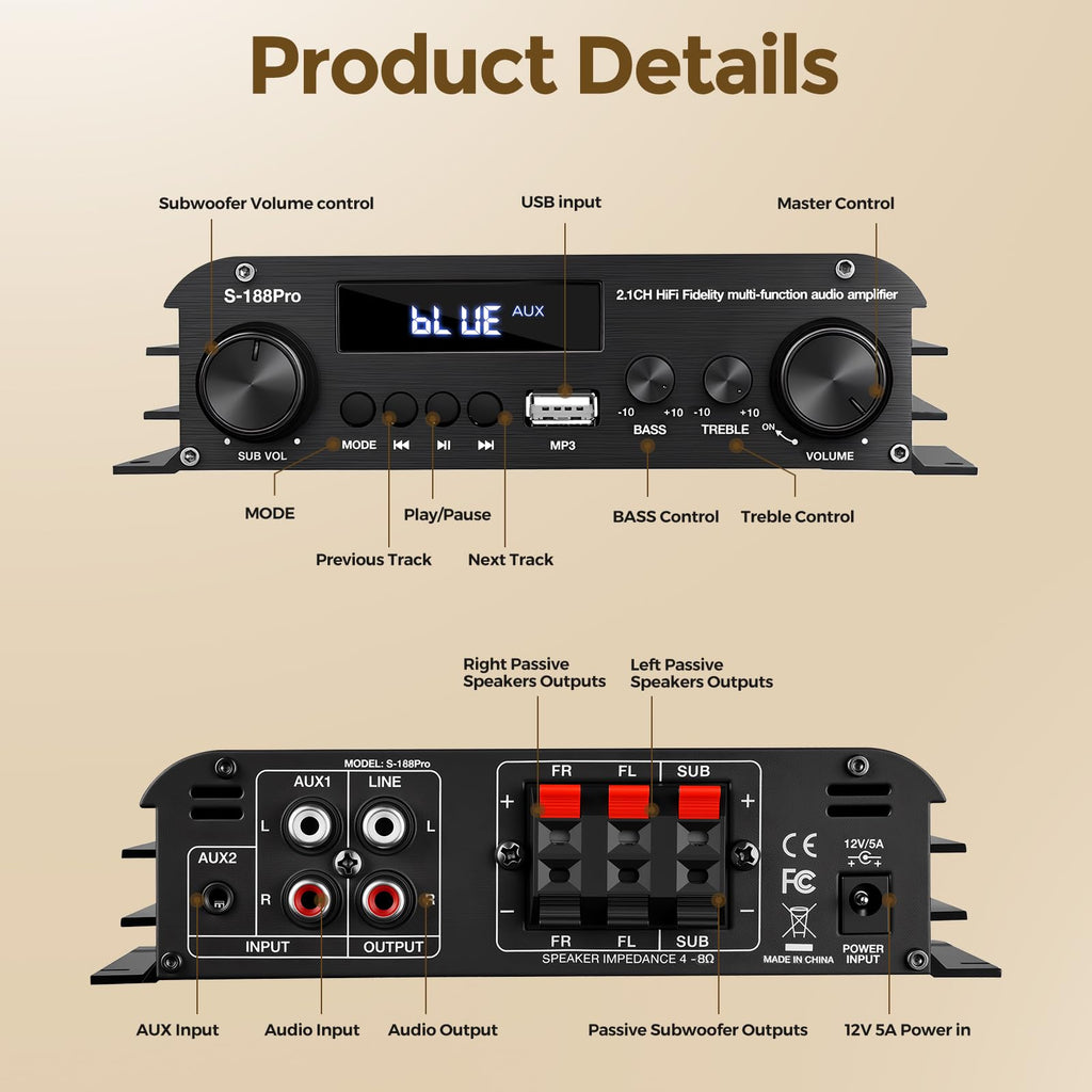 2.1 Channel Stereo Audio Amplifier Bluetooth 5.0 with Remote U978
